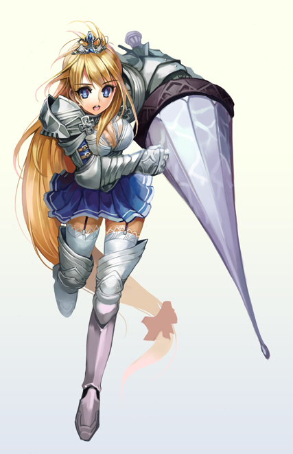 blonde_hair blue_eyes boots garter_straps gauntlets greaves lance long_hair lono lono_(pixiv) open_mouth original pleated_skirt polearm skirt solo thigh-highs thigh_boots thighhighs tiara very_long_hair weapon