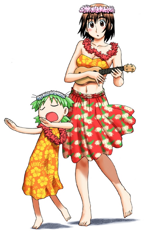 artist_request ayase_fuuka bandeau barefoot blush brown_hair child dancing dress feet green_hair instrument koiwai_yotsuba lei multiple_girls musical_instrument navel open_mouth quad_tails short_hair simple_background skirt ukelele ukulele yotsubato!