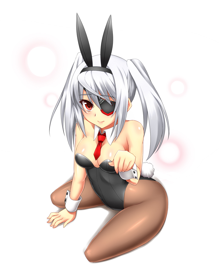 bare_shoulders blush bunny_ears bunny_girl bunny_tail bunnysuit eyepatch eyes hairband infinite_stratos laura_bodewig long_hair pantyhose red_eyes silver_hair simple_background sitting smile solo surume_(clavis) tail twintails wariza white_hair wrist_collar wrist_cuffs