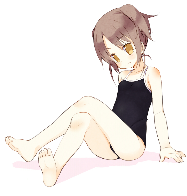 arm_support ass barefoot blush brown_eyes brown_hair child fang feet flat_chest legs leotard meito_(artist) meito_(maze) original smile soles solo
