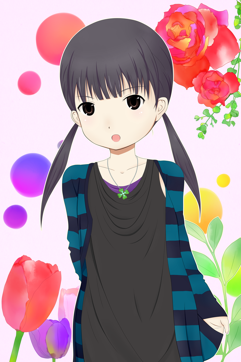:o black_hair blush chiba_saori flower highres hourou_musuko jewelry long_hair mochi-pon necklace open_mouth twintails