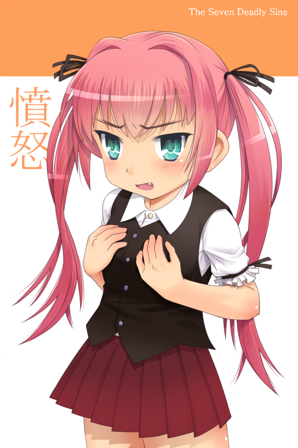 blush breast_envy breasts child copyright_request fang hair_ribbon meow_(nekodenki) pink_hair ribbon seven_deadly_sins solo twintails vest