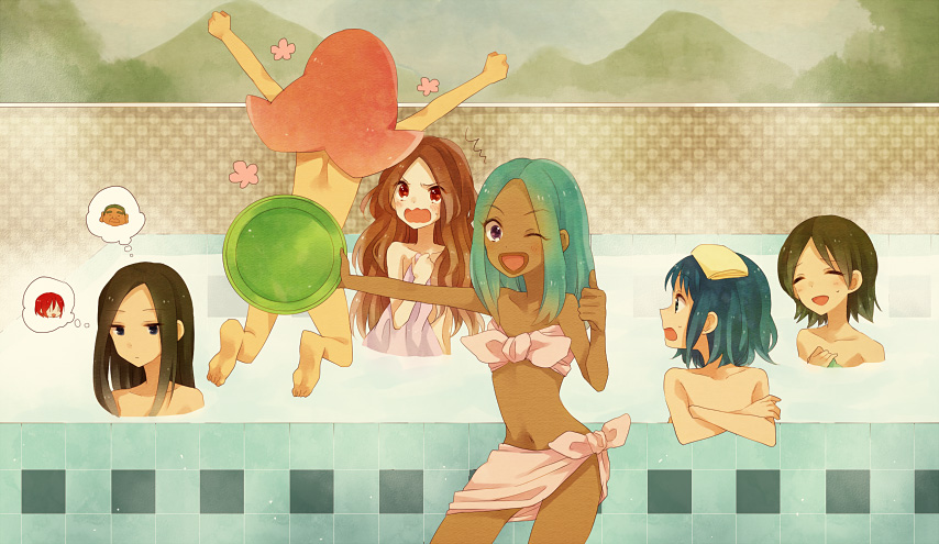 bad_id barefoot bathing blue_hair blush brown_hair censored closed_eyes convenient_censoring green_hair inazuma_eleven inazuma_eleven_(series) jumping kino_aki kira_hitomiko long_hair nude onsen otonashi_haruna pink_hair raimon_natsumi short_hair tayako thumbs_up towel urabe_rika water wink zaizen_touko