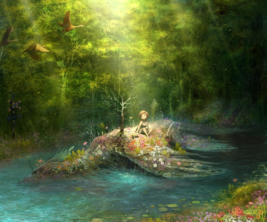 brown_hair child copyright_request corpse daisy daisy_(flower) dragon flower forest kyoung_hwan_kim nature pond shoes_removed short_hair sitting solo sunbeam sunlight tahra tree water