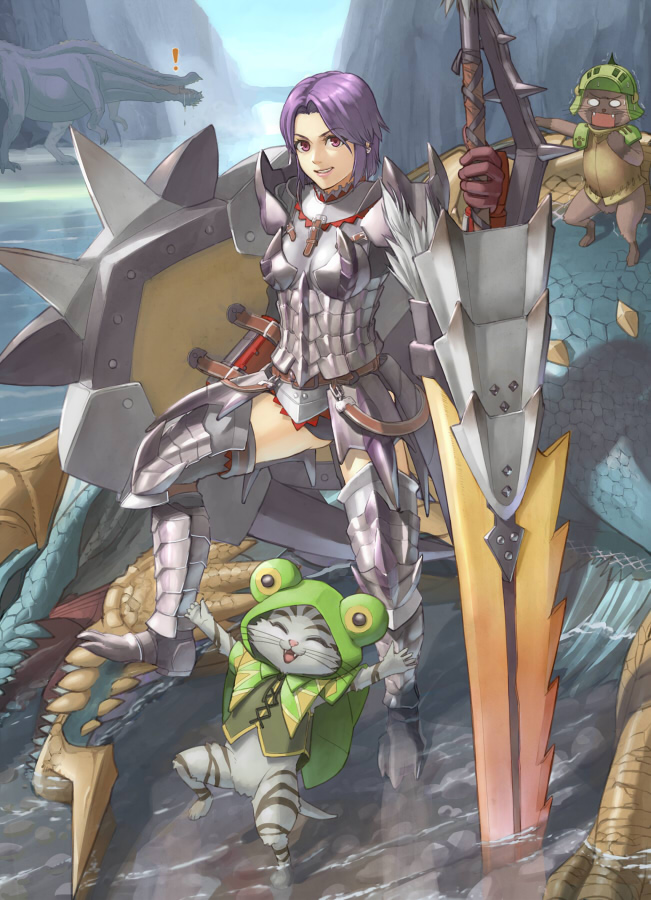 1girl armor deviljho drooling earrings fangs felyne full_armor grin happy jewelry jinouga monster_girl monster_hunter monster_hunter_portable_3rd open_mouth pointing purple_eyes purple_hair shield silver_sol_(armor) smile sword tan_taka thigh-highs thighhighs violet_eyes water weapon