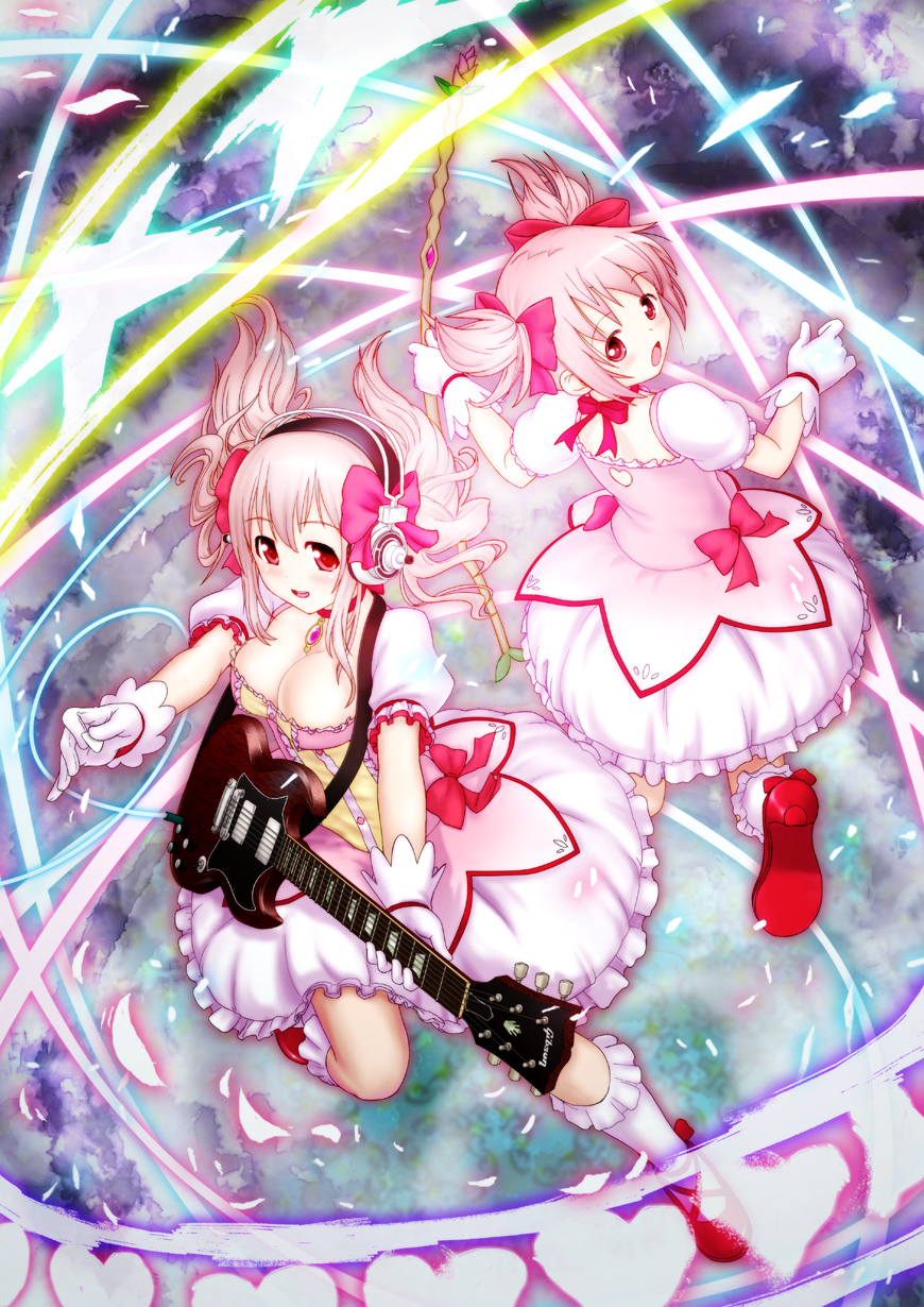 adult back-to-back bow bow_(weapon) breasts bubble_skirt cleavage company_connection cosplay crossover dress guitar hair_bow headphones highres hirohito instrument kaname_madoka kaname_madoka_(cosplay) kizawa_hiroto look-alike magical_girl mahou_shoujo_madoka_magica multiple_girls multiple_persona nitroplus open_mouth pink_dress pink_hair red_eyes shoes solo sonico super_sonico twintails weapon