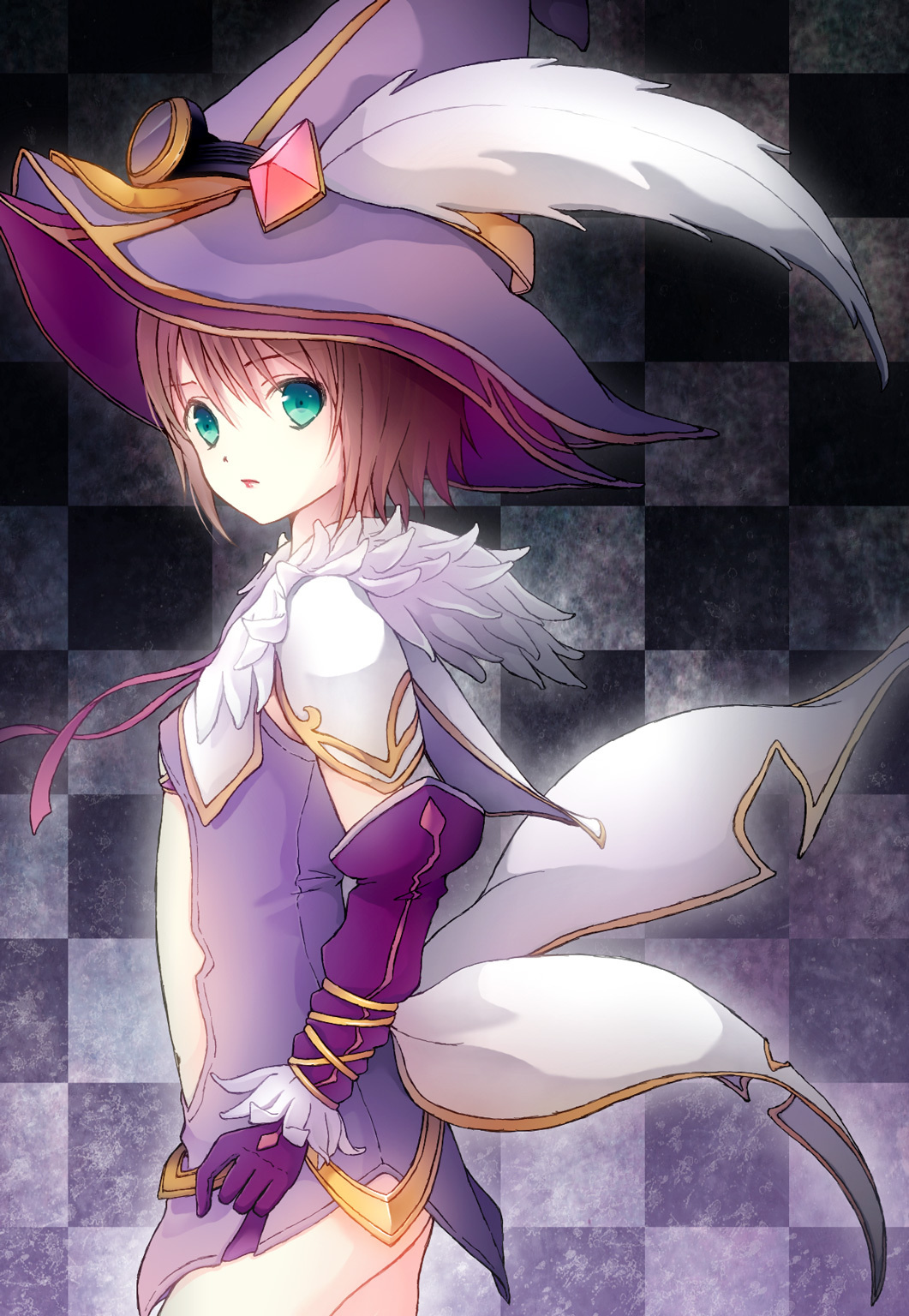 brown_hair dress feathers gloves goggles green_eyes hat highres hira_shinki jewelry lipstick makeup midriff ribbon rita_mordio serious short_hair solo tales_of_(series) tales_of_vesperia witch witch_hat