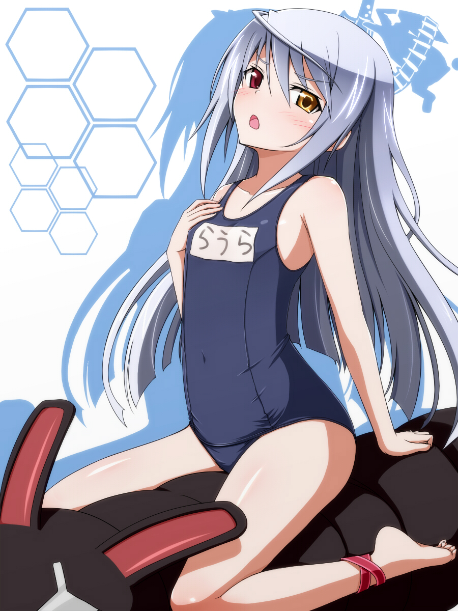 between_thighs blush clothes_writing clothing_writing flat_chest hand_on_own_chest hand_to_chest heterochromia highres infinite_stratos laura_bodewig long_hair name_tag negija no_eyepatch school_swimsuit silver_hair sitting solo swimsuit thighs