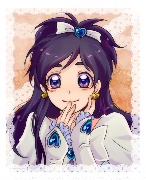 ahoge black_hair bow cure_white earrings face futari_wa_precure futari_wa_pretty_cure gloves hair_ribbon heart jewelry kamabo_ko lace long_hair magical_girl precure pretty_cure purple_eyes ribbon smile solo violet_eyes yukishiro_honoka