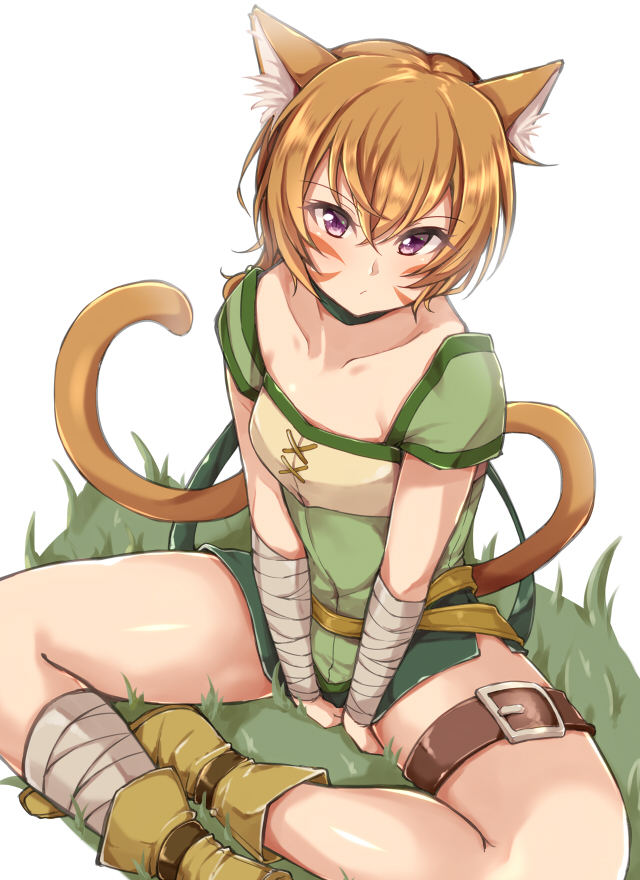 1girl animal_ears bandage bandaged_arm bandaged_leg bandages cat_ears cat_tail facial_mark fire_emblem fire_emblem:_souen_no_kiseki grass jiino lethe orange_hair short_hair simple_background sitting solo tail thigh_strap violet_eyes white_background