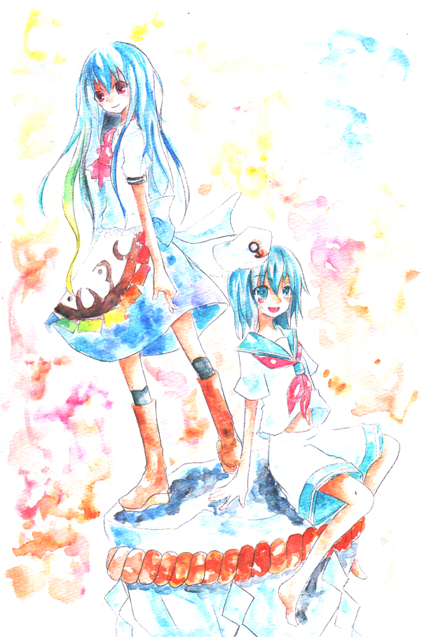 barefoot black_hair blue_hair boots hinanawi_tenshi keystone long_hair murasa_minamitsu sailor sailor_suit sohi_(hinaka) touhou watercolor_pencil_(medium)