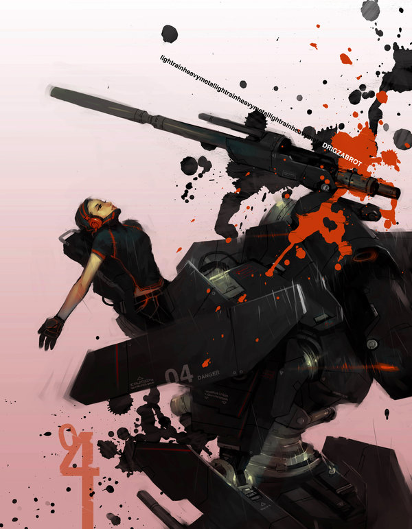 :o black_gloves bodysuit copyright_request drigzabrot flat_chest gloves gradient gradient_background gun headphones inkblot leaning_back mecha midriff number numbers open_mouth outstretched_arm outstretched_hand paint_splatter pilot_suit raglan_sleeves railgun railgun_(weapon) signature skin_tight solo spandex tight_pants tight_shirt weapon