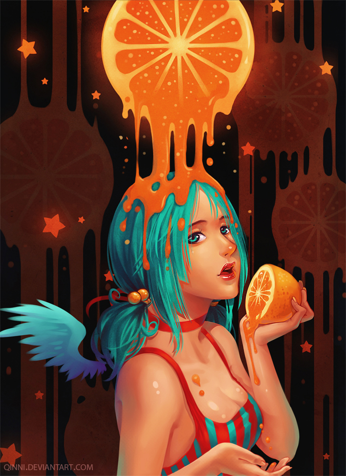 aqua_hair breasts choker cleavage food fruit hair_bobbles hair_ornament holding holding_fruit lips lipstick makeup melting orange original qinni solo star tank_top twintails wings