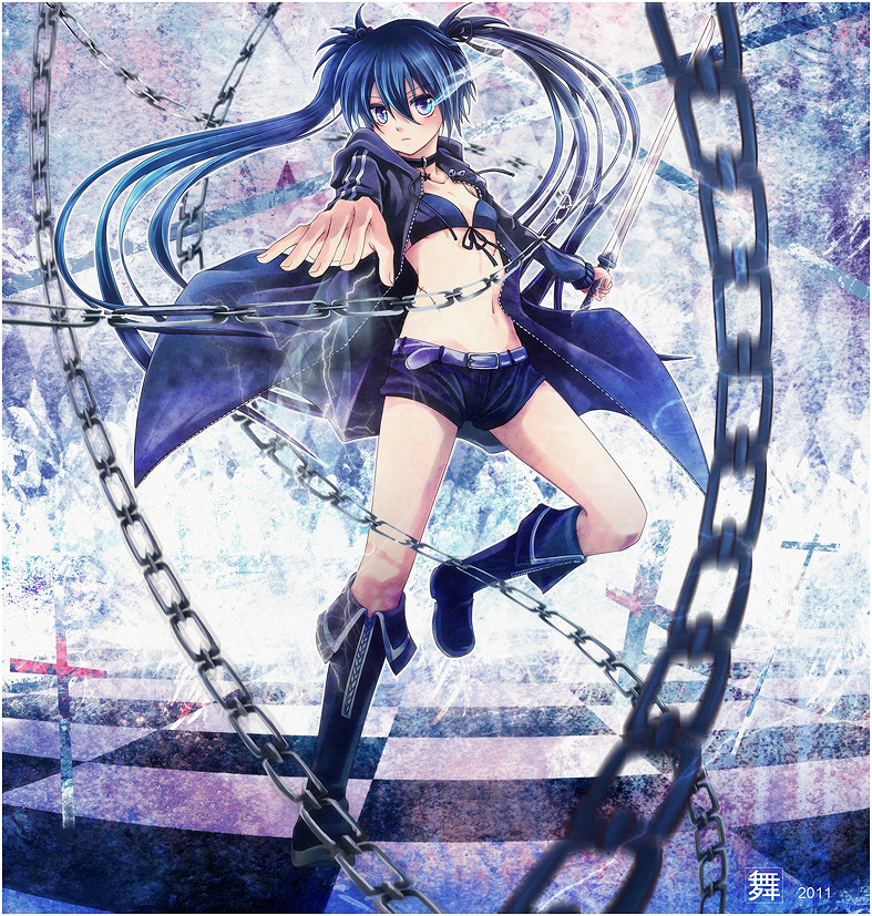 belt bikini_top black_rock_shooter black_rock_shooter_(character) blue_boots blue_eyes blue_hair boots chain chains coat cross glowing glowing_eye hair_ribbon kuromai outstretched_hand ribbon scar shorts solo sword trail twintails weapon