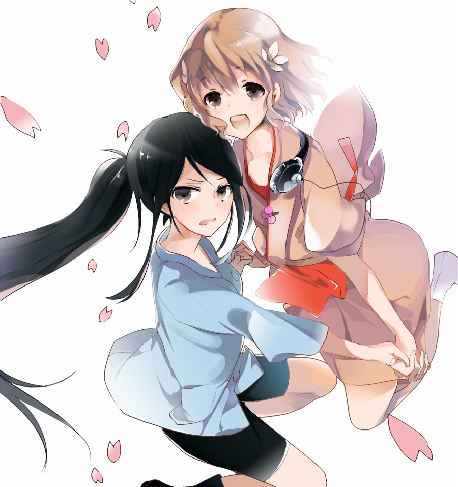 black_eyes black_hair blonde_hair brown_eyes caramel_(caramelmalt) flower hair_flower hair_ornament hanasaku_iroha hand_holding headphones headphones_around_neck holding_hands jumping long_hair matsumae_ohana multiple_girls petals ponytail short_hair shorts simple_background smile tsurugi_minko