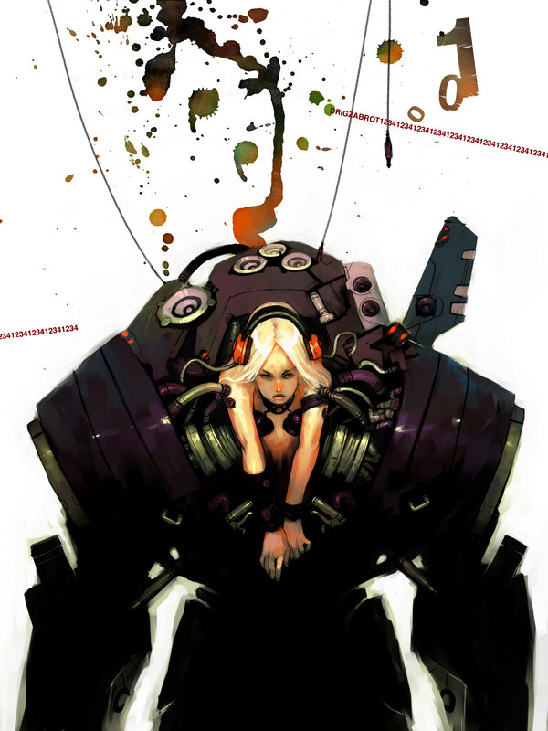 blonde_hair breasts collar copyright_request cyberpunk drigzabrot headphones inkblot long_hair looking_at_viewer mecha number numbers power_armor realistic red_eyes science_fiction signature simple_background solo tube white_background wristband