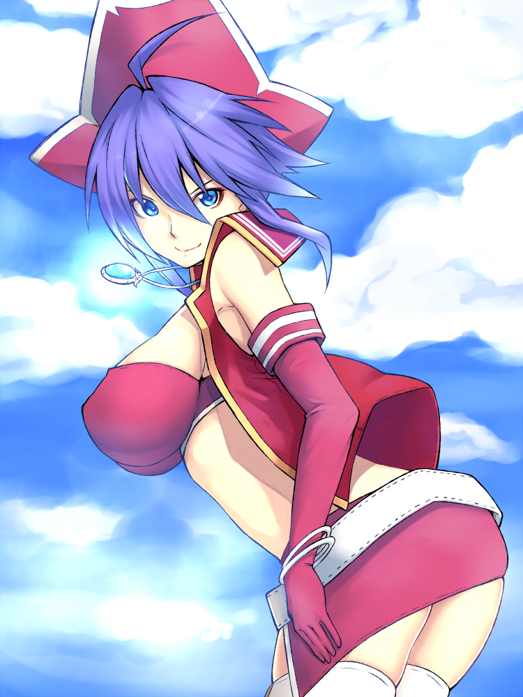 &gt;:) ahoge bandeau blue_eyes blue_hair blue_sky bracelet breasts cloud clouds elbow_gloves gloves glowing hat hiroya_juuren jewelry large_breasts love_heart pendant pirate pirate_hat skindentation skirt sky skylove smile solo thigh-highs thighhighs vest white_legwear white_thighhighs wind