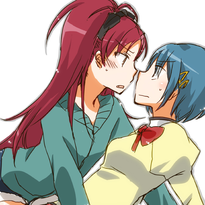 blue_eyes blue_hair blush long_hair mahou_shoujo_madoka_magica miki_sayaka multiple_girls ponytail puffy_sleeves red_eyes red_hair redhead sakura_kyouko school_uniform sekihara_umina short_hair yuri