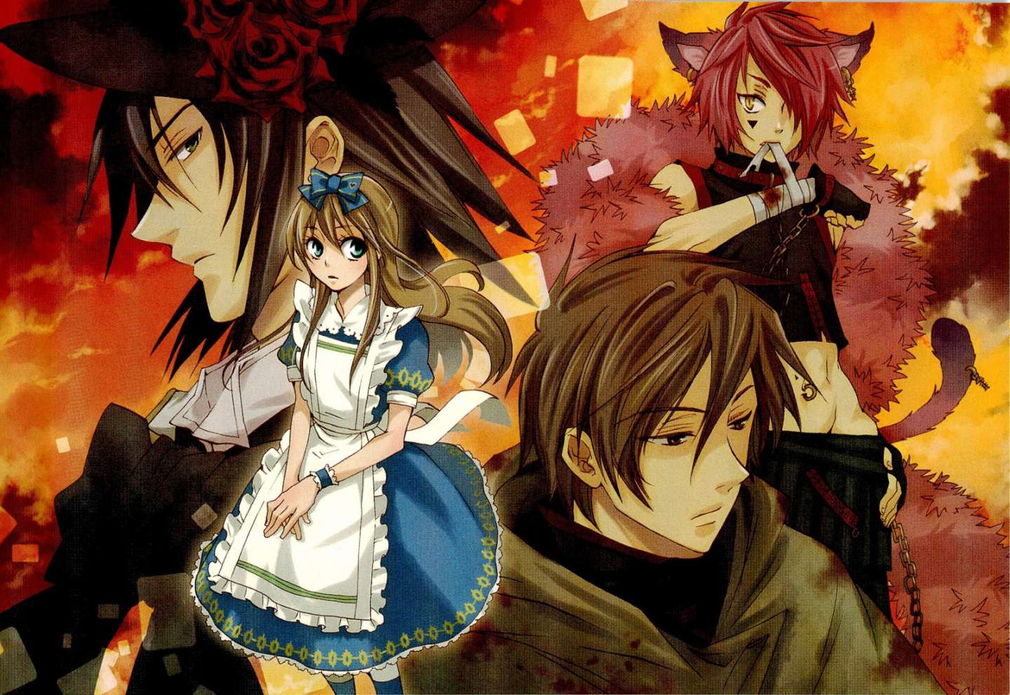 ace ace_(kuni_no_alice) alice_liddell animal_ears apron bandages bare_shoulders blood blood_dupre blue_dress blue_eyes boris_airay bow brown_hair cat_ears cat_tail chain cloak cloud collar crop_top dress earrings facial_mark feather_boa fingerless_gloves fish_bone fish_bones flower gloves green_eyes hair_bow hair_over_one_eye hand_on_hip hat heart_no_kuni_no_alice jewelry long_hair midriff mouth_hold multiple_boys navel_piercing piercing pink_hair profile red_eyes red_rose rose scan sky sunset tail tail_piercing wrist_cuffs yellow_eyes