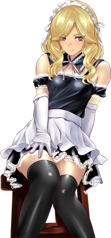 bar_stool bare_shoulders black_legwear blonde_hair blue_eyes elbow_gloves gloves k2isu legs maid maid_headdress original sitting smile solo stool thigh-highs thighhighs waist_apron zettai_ryouiki