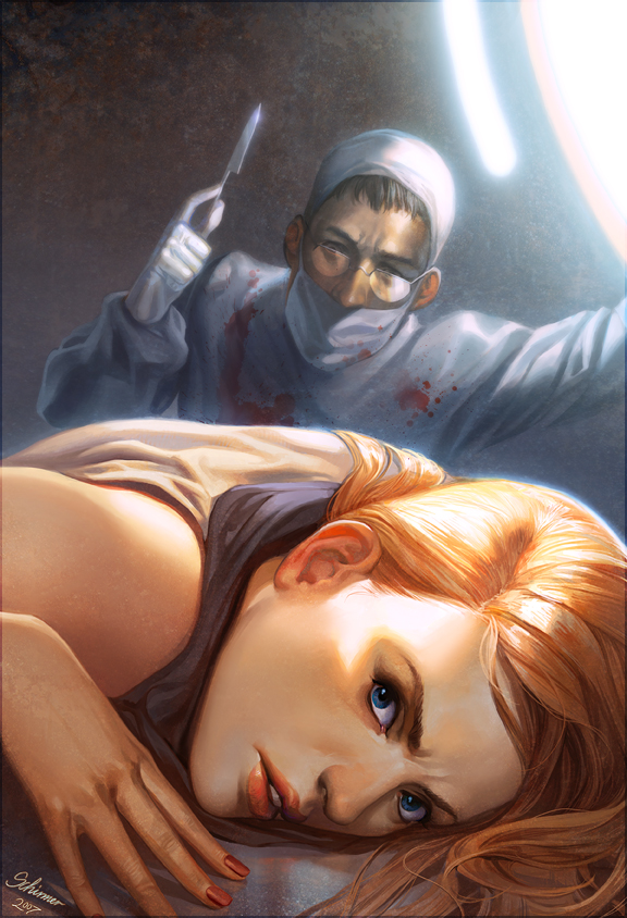 blood blood_stain blue_eyes copyright_request frown glasses gloves jana_schirmer janaschi lips long_hair looking_at_viewer nail_polish orange_hair realistic scalpel scarf surgeon surgical_mask