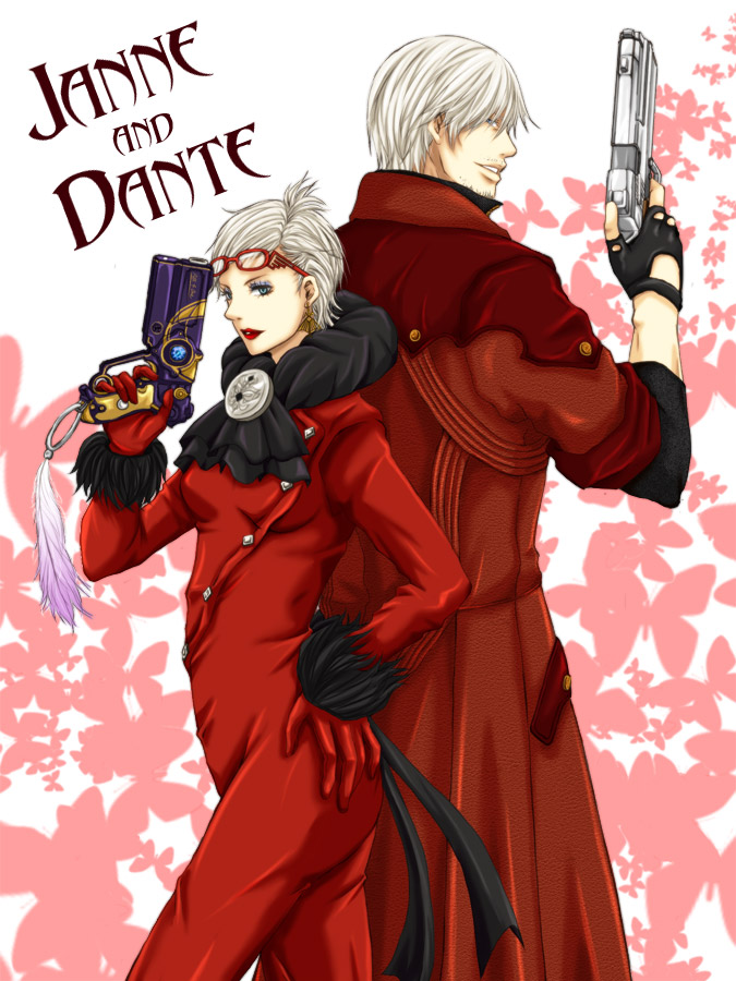 1boy 1girl blue_eyes capcom coat dante devil_may_cry earrings ebony_&amp;_ivory feather feathers female fingerless_gloves glasses gloves gun hands_on_hips jeanne_(bayonetta) jewelry lipstick looking_back makeup male mikaneco short_hair silver_hair trench_coat trenchcoat weapon white_hair