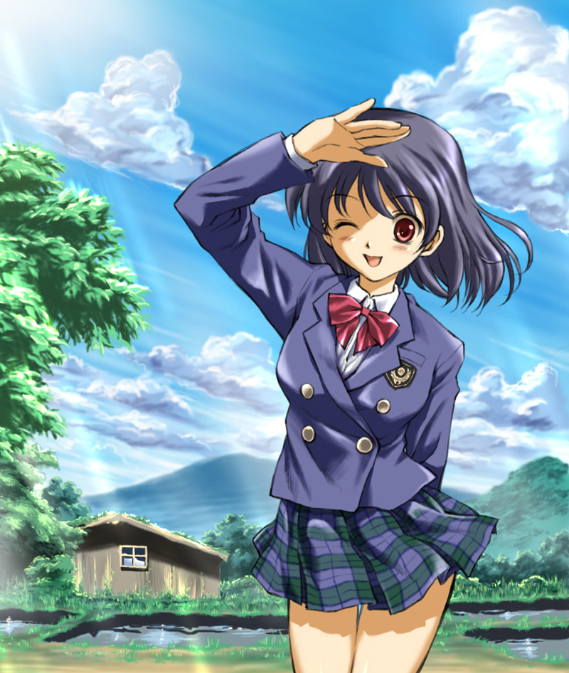 blazer brown_eyes cloud mountain original pizza_man plaid plaid_skirt pleated_skirt rural school_uniform shading_eyes short_hair skirt solo sunlight thigh_gap thighs wink