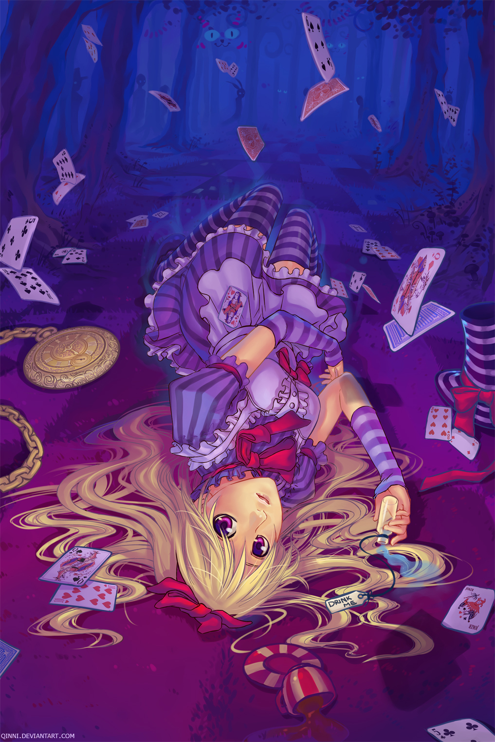alice_in_wonderland arm_warmers blonde_hair bow card cards cheshire_cat cup dress falling_card hair_bow highres long_hair lying lying_card on_back playing_card playing_cards pocket_watch purple_eyes qinni saucer short_sleeves solo spill striped striped_legwear tea teacup thigh-highs thighhighs upside-down violet_eyes watch