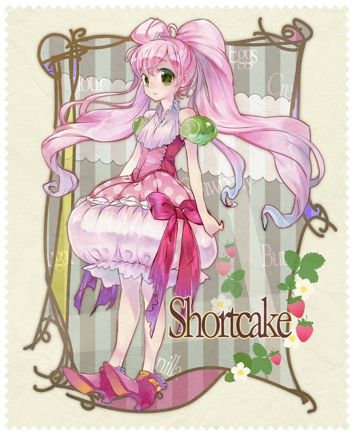 bow bubble_skirt dress elaborate_frame english flower food frame fruit green_eyes highres long_hair original pink_hair ribbon shoes smile solo strawberry tiara twintails u_to_i