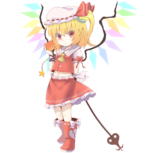 apple ascot bad_id blonde_hair boots child dress fai_(zigzagflamberge) flandre_scarlet food fruit hat laevatein lowres midriff navel red_dress red_eyes sanuki_(zigzagflamberge) side_ponytail skirt solo standing the_embodiment_of_scarlet_devil touhou transparent_background wings