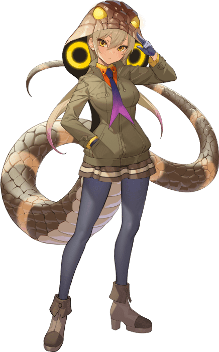 1girl blonde_hair boots closed_mouth game_cg gloves hood hoodie kemono_friends kemono_friends_kingdom king_cobra_(kemono_friends) long_hair looking_at_viewer monster_girl necktie official_art pantyhose shirt skirt slit_pupils snake_tail solo tachi-e tail transparent_background yellow_eyes