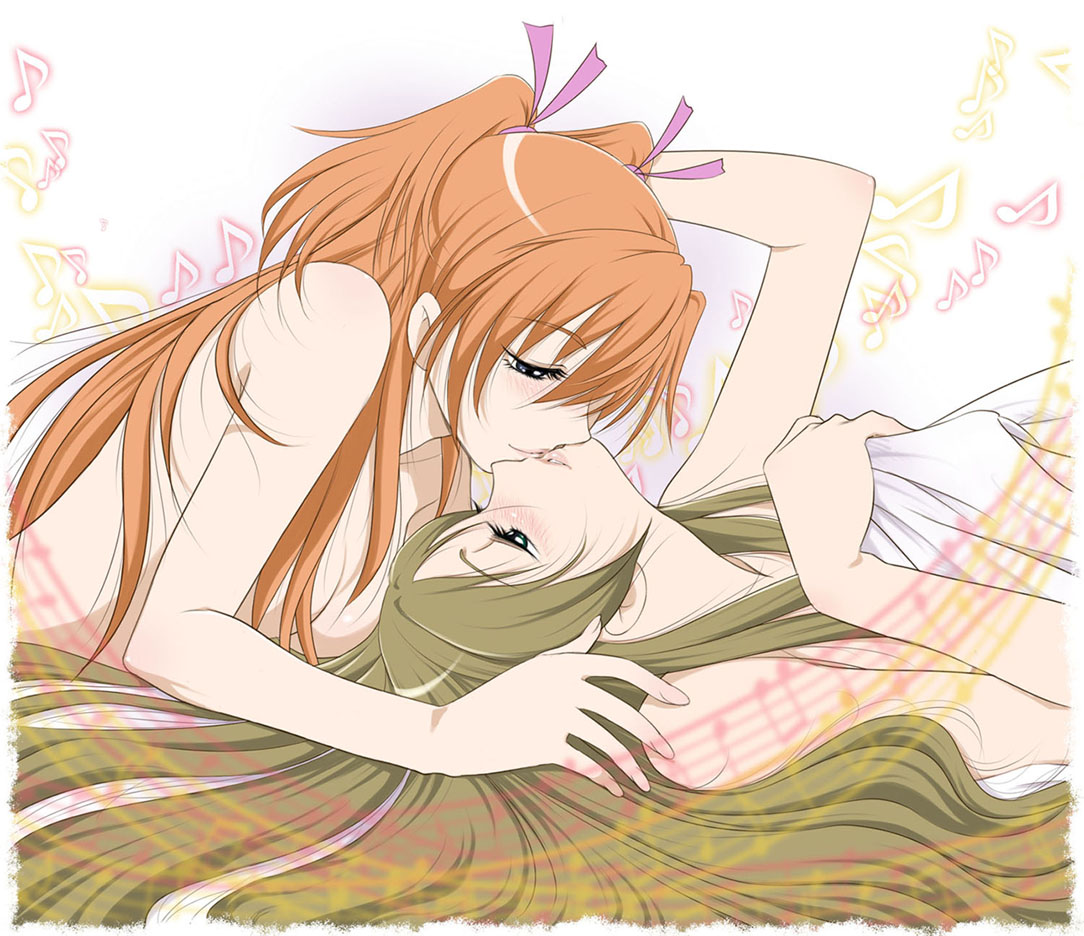 bare_shoulders bed_sheet blue_eyes blurry blush breasts brown_hair depth_of_field green_eyes houjou_hibiki kiss lips long_hair lying minamino_kanade multiple_girls musical_note mutual_yuri naked_sheet nude on_back orange_hair precure pretty_cure sabachiyo_land sheet suite_precure suite_pretty_cure twintails two_side_up upside-down_kiss yuri