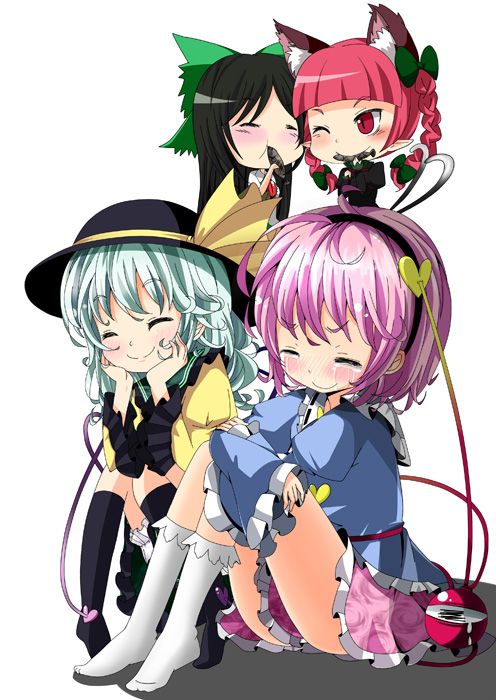 black_legwear blue_shirt blush bow braid cat_ears cat_tail closed_eyes dress eating eyes_closed fish green_dress green_hair hair_bow happy_tears hat kaenbyou_rin kayama_benio komeiji_koishi komeiji_satori multiple_tails pink_hair pink_skirt red_eyes red_hair redhead reiuji_utsuho shirt sitting skirt smile tail tears thigh-highs thighhighs third_eye touhou twin_braids white_shirt wink yellow_shirt