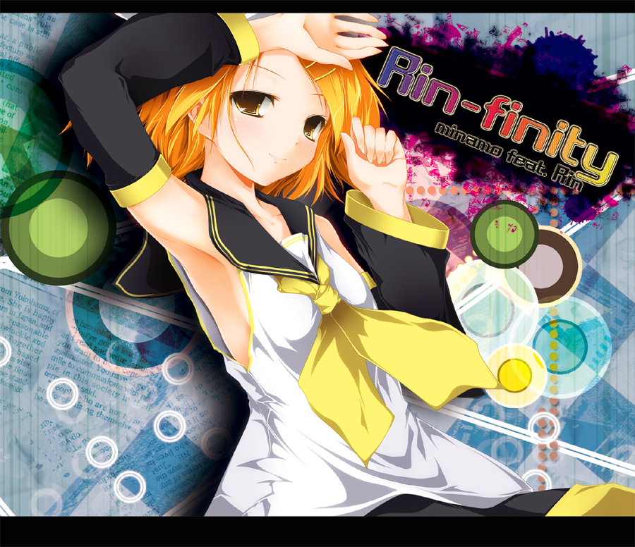 arm_up blonde_hair blush bust detached_sleeves hair_ornament hairclip jum_(parallel_parasol) kagamine_rin letterboxed light_smile looking_at_viewer smile vocaloid yellow_eyes