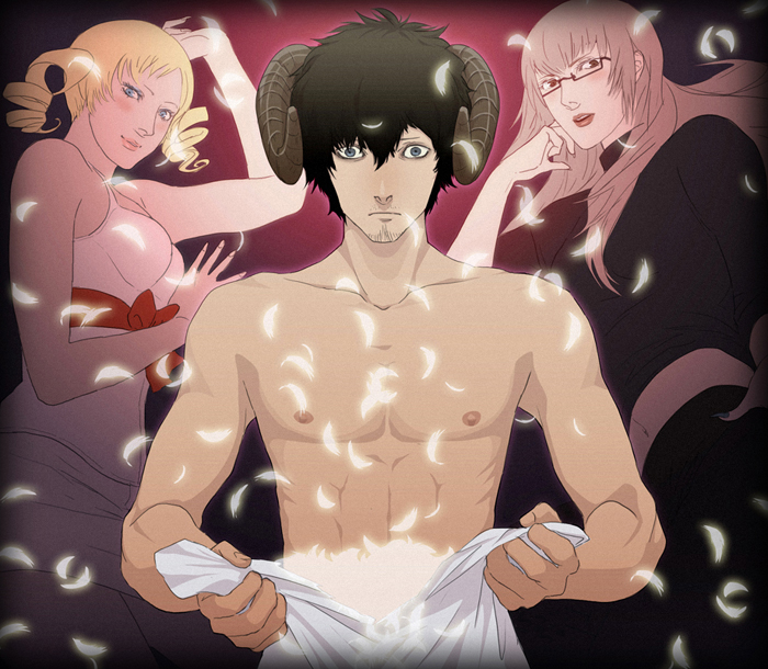 blonde_hair blue_eyes brown_eyes brown_hair catherine catherine_(game) dress drill_hair feathers gb_(doubleleaf) genmaipudding glasses grey_eyes horns katherine_mcbride long_hair pillow shirtless smile vincent_brooks