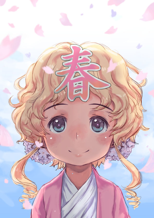 blue_eyes blush curly_hair face flower hair_flower hair_ornament haru-chan japanese_clothes muuten nippon_housou_kyoukai petals portrait short_hair smile