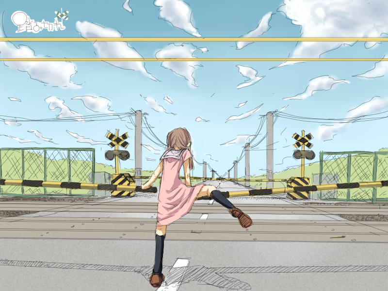 brown_hair chainlink_fence cloud clouds dress fence from_behind koyuki.a original perspective power_lines railroad_crossing railroad_signal railroad_tracks railway sketch sky solo straddle telephone_pole translated twintails