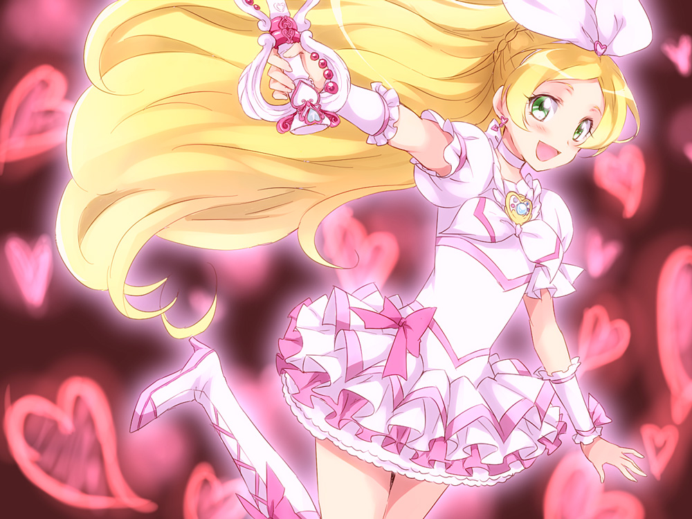 bad_id blonde_hair blush boots bow brooch choker cure_rhythm dress earrings fantastic_belltier frills green_eyes hair_ribbon happy heart jewelry leg_up long_hair magical_girl maruki_(punchiki) minamino_kanade open_mouth precure punchiki ribbon smile solo suite_precure wand wrist_cuffs