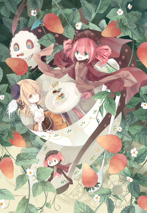 blonde_hair cake charlotte_(madoka_magica) corset cup drill_hair flower food fruit green_eyes hair_ornament hat magical_girl mahou_shoujo_madoka_magica personification pink_hair pleated_skirt shrie skirt sleeves_past_wrists smile strawberry teacup tomoe_mami vines yellow_eyes