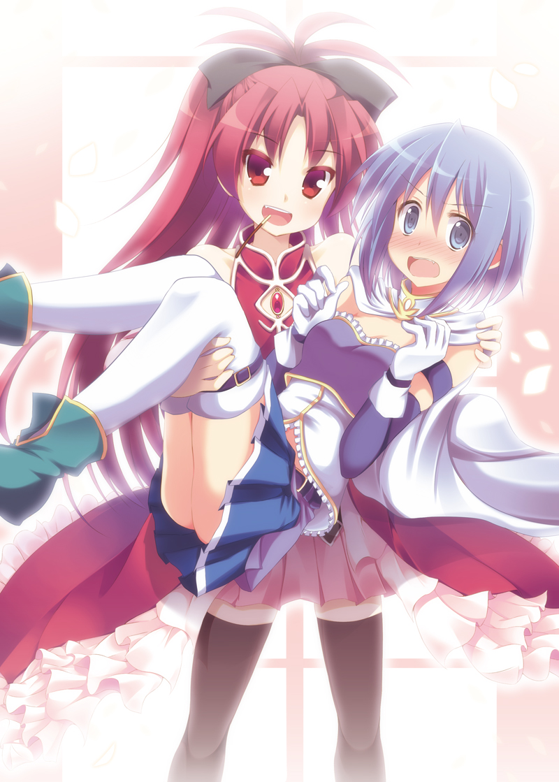 black_legwear blue_eyes blue_hair blush bow cape carrying gloves hair_bow hoppege long_hair magical_girl mahou_shoujo_madoka_magica miki_sayaka multiple_girls open_mouth pocky ponytail princess_carry red_eyes red_hair redhead sakura_kyouko short_hair thigh-highs thighhighs white_gloves white_legwear