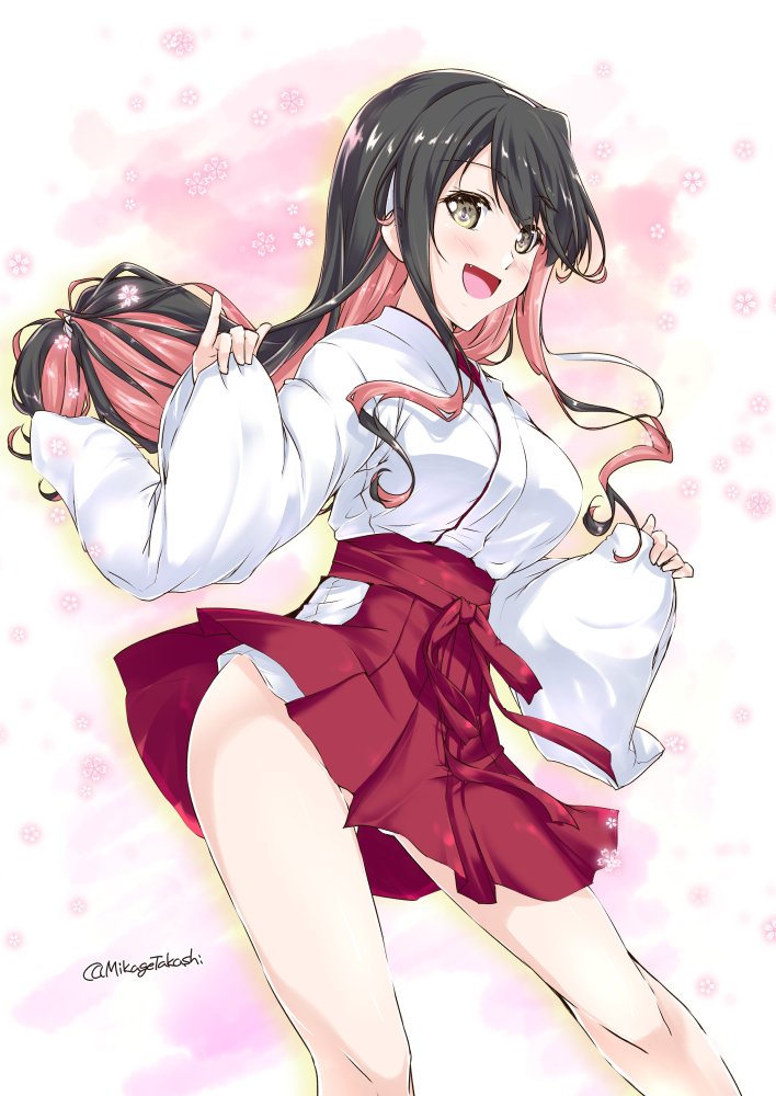 1girl black_hair commentary_request cowboy_shot fang hakama hakama_skirt japanese_clothes kantai_collection kimono long_hair mikage_takashi miko miniskirt multicolored_hair naganami_(kantai_collection) open_mouth pink_hair red_hakama skirt smile solo standing star starry_background two-tone_hair wavy_hair white_background white_kimono