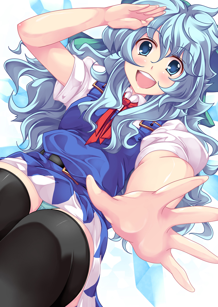 black_legwear blue_dress blue_eyes blue_hair blue_panties bow cirno dress from_below hair_bow hand_on_own_face hand_to_face long_hair lozelia open_mouth outstretched_hand panties pantyshot smile solo thigh-highs thighhighs touhou underwear upskirt wings zettai_ryouiki