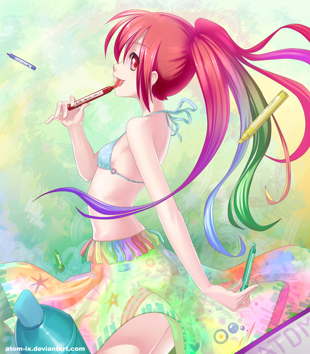 atomix bikini_top colorful flat_chest highres long_hair marker multicolored_hair original profile rainbow_hair red_eyes solo tongue watermark web_address