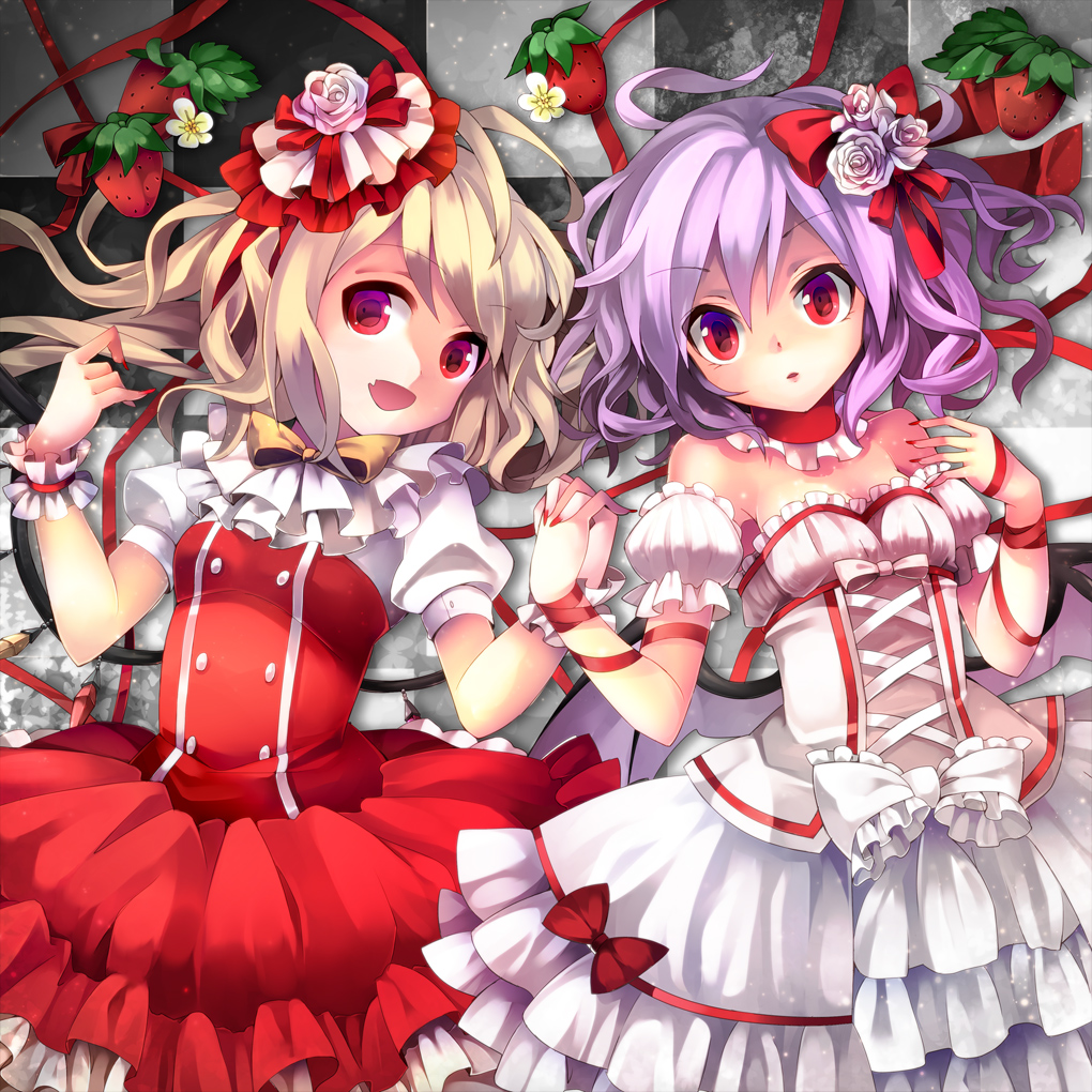 adapted_costume alternate_costume arm_ribbon bare_shoulders bat_wings blonde_hair bow checkered checkered_floor choker dress fang fingernails flandre_scarlet flower food fruit hair_flower hair_ornament hands_clasped holding_hands interlocked_fingers lolita_fashion looking_at_viewer lying multicolored_rose multiple_girls nail_polish no_hat no_headwear on_back open_mouth pink_rose purple_hair red_eyes remilia_scarlet ribbon ringpearl rose short_hair siblings sisters smile stare strawberry touhou white_rose wings wrist_cuffs