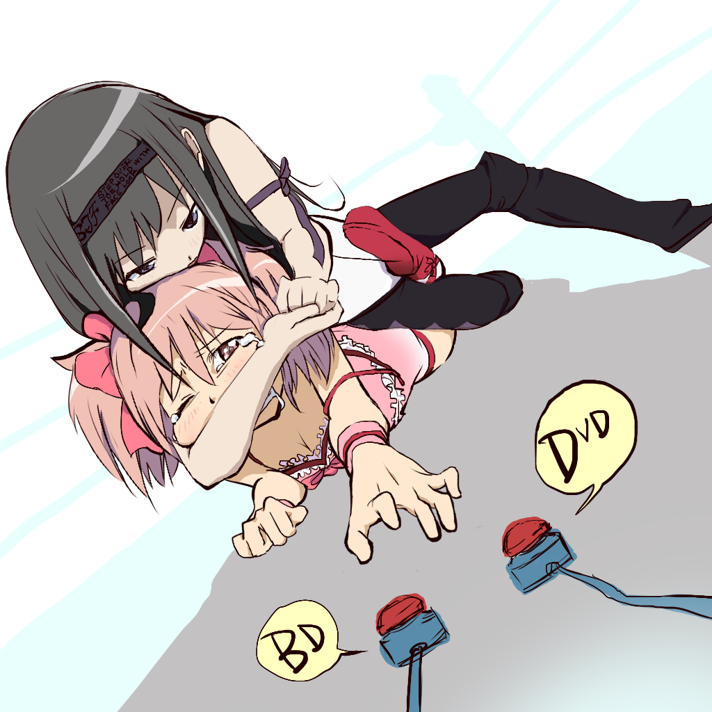 akemi_homura ankle_lock breasts buttons cleavage kaname_madoka magical_girl mahou_shoujo_madoka_magica monmo-dou multiple_girls pantyhose submission submission_hold tears wrestling
