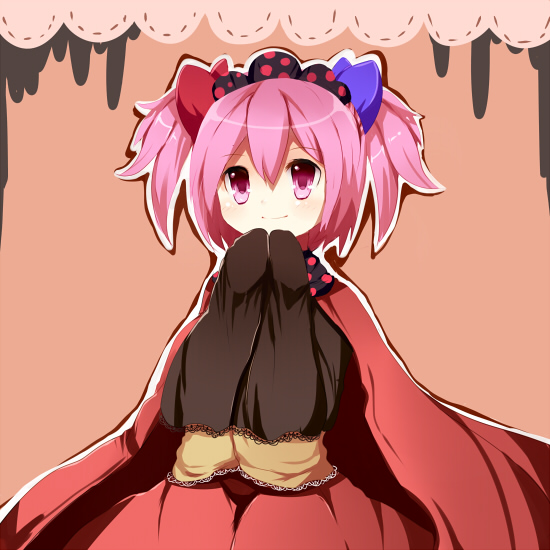 cape charlotte_(madoka_magica) hair_bow mahou_shoujo_madoka_magica personification pink_eyes pink_hair short_twintails sleeves_past_wrists smile tikuwakure twintails uiroutsuji_yumihiko witch's_labyrinth witch's_labyrinth