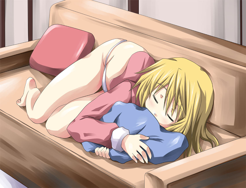 bad_anatomy bad_feet bad_perspective barefoot blonde_hair charlotte_dunois closed_eyes couch eyes_closed infinite_stratos long_hair lying mister_(black_and_white) panties sleeping solo thigh_gap underwear