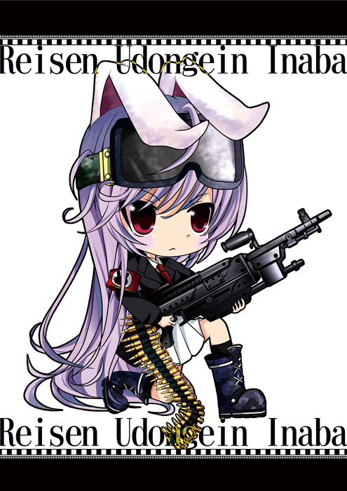 :&lt; ammunition_belt animal_ears armband blazer boots bunny_ears character_name chibi error goggles gun helmet kayama_benio letterboxed long_hair machine_gun necktie pleated_skirt purple_hair reisen_udongein_inaba skirt solo touhou very_long_hair weapon