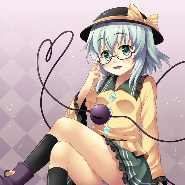 adjusting_glasses bespectacled black_legwear blush checkered checkered_background crossed_legs glasses green_eyes hat hat_ribbon heart komeiji_koishi legs_crossed panties pantyshot pantyshot_(sitting) pantyshot_sitting rasahan ribbon short_hair sitting skirt smile solo third_eye touhou underwear