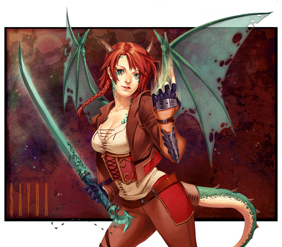 beads belt blue_eyes braid breasts cleavage copyright_request corset dragon_girl fantasy fingerless_gloves gloves horns jana_schirmer large_breasts looking_at_viewer parted_bangs red_hair redhead solo sword tail tight_pants vest weapon wings